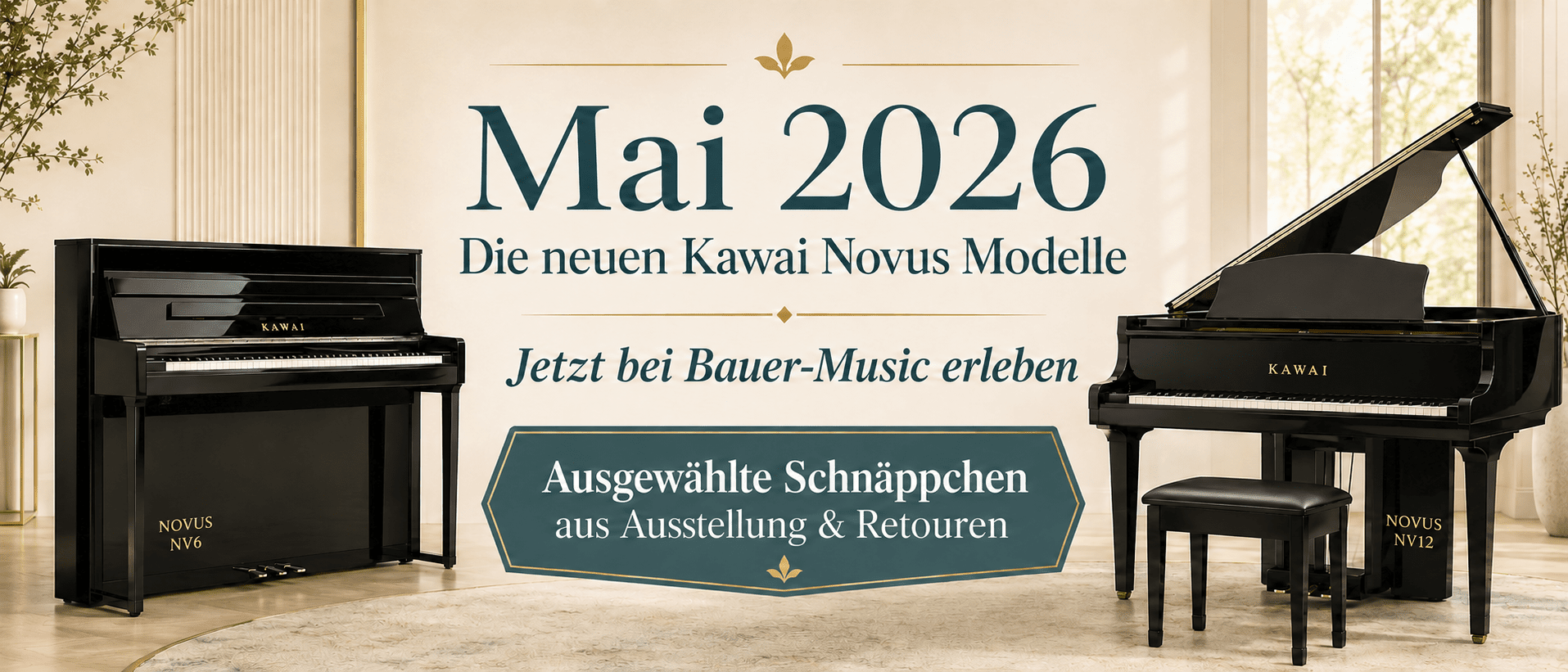Newsletter Mai 2026 - die neuen Kawai Novus Modelle NV6 und NV12 jetzt bei Bauer-Music erleben
